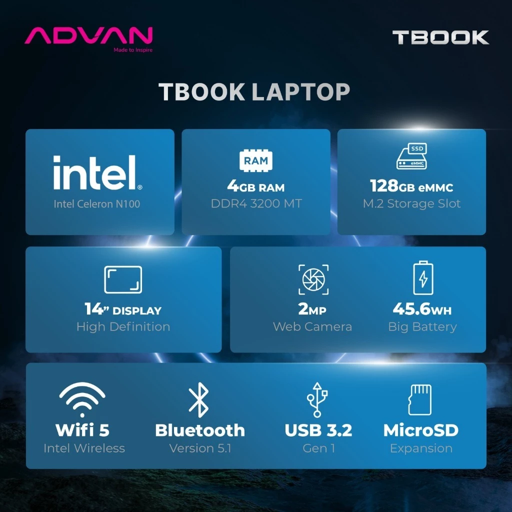 ADVAN Laptop TBook Intel N100 - Gambar 3