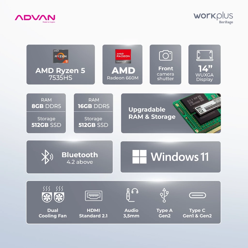 Laptop Advan Workplus Heritage 14 INCH Ryzen 5 7535HS - Gambar 4